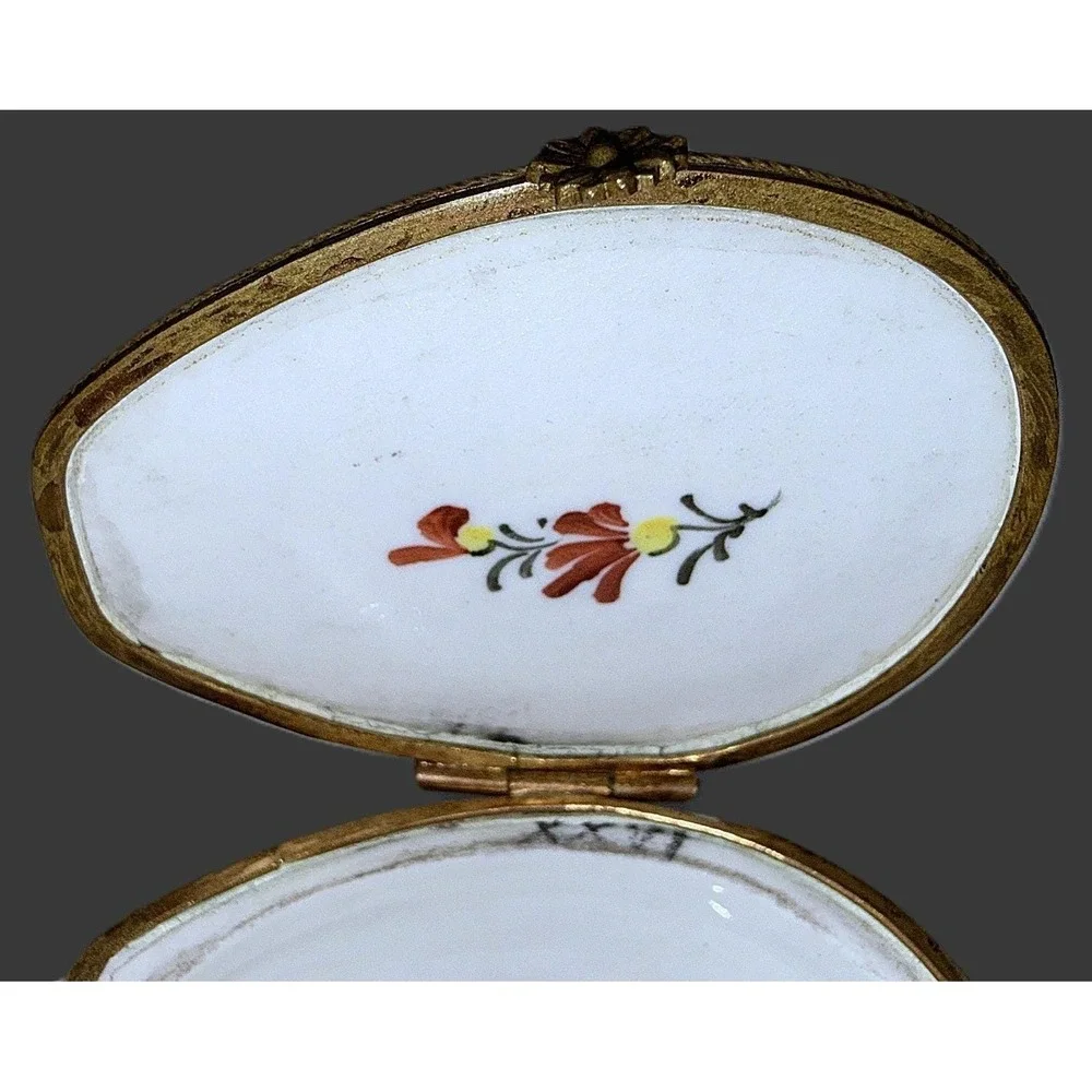 Antique Sevres Style Porcelain Mandolin Trinket Box Hand Paint Hinged Snuff Pill